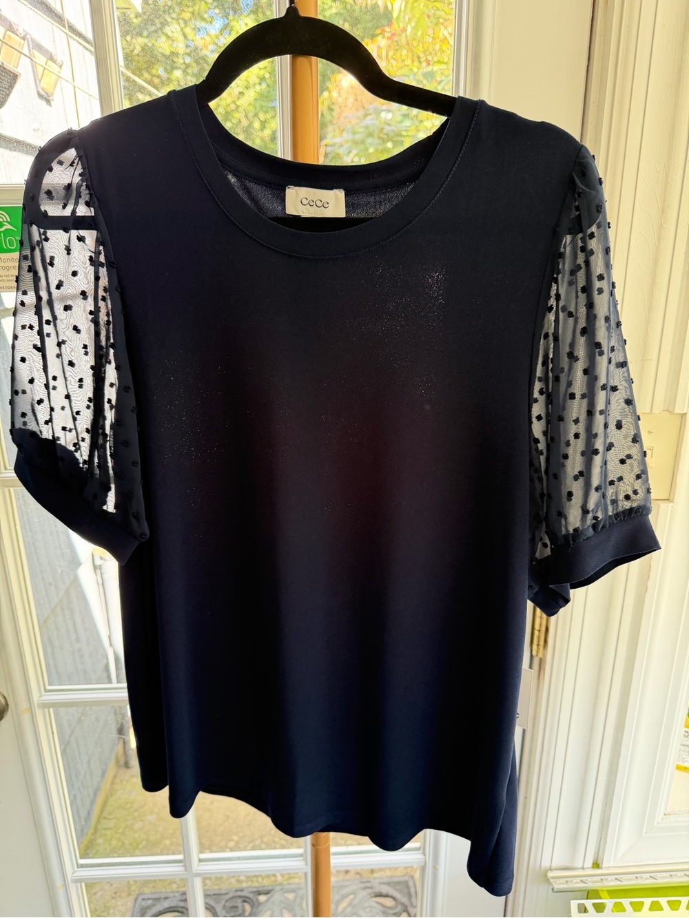 CeCe Navy Short-Sleeve Top with Dotted Sheer Puff Sleeves